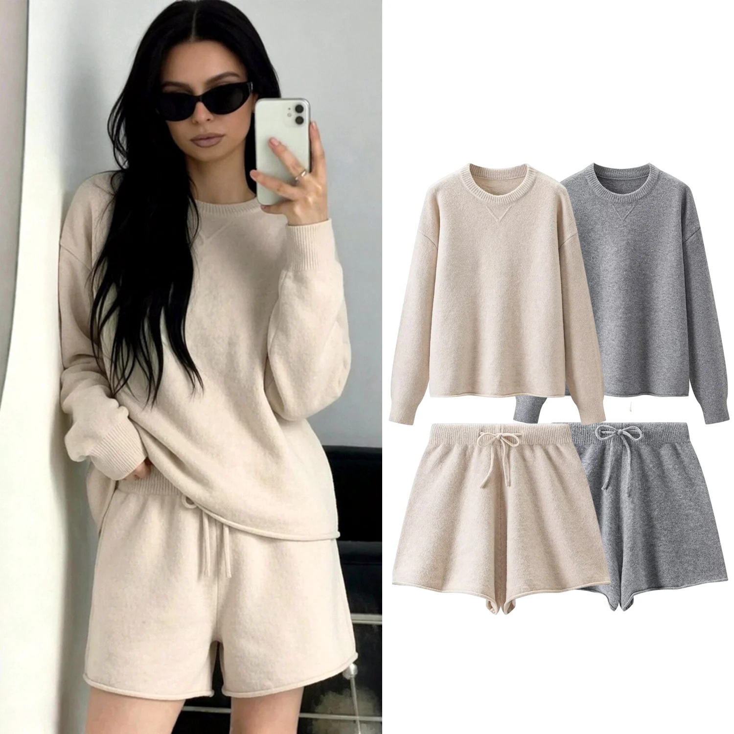 Women's Knitted Shorts Set Spring Autumn Female Long Sleeve Knitted Sweater + Lady Daily Casual Drawstring Tied Knitted Shorts