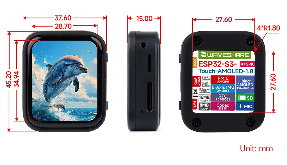 Waveshare ESP32-S3 1.8inch AMOLED Touch Display Development Board, 32-bit LX7 Dual-core Processor, 368×448, ESP32 With Display