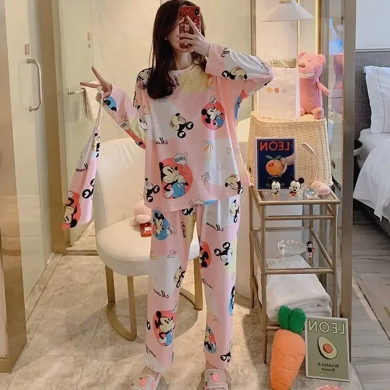 Disney Mickey Mouse Pajama Set Sleepwear Cartoon Anime Long Sleeved Shirt Pants Women Spring Autumn Warmth Tops Homewear Suit