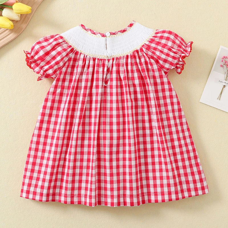 Summer Kids Baby Girls Short Sleeve Christmas Cartoon Embroidery Dress Kids Baby Girls Grid Children Clothes Dress