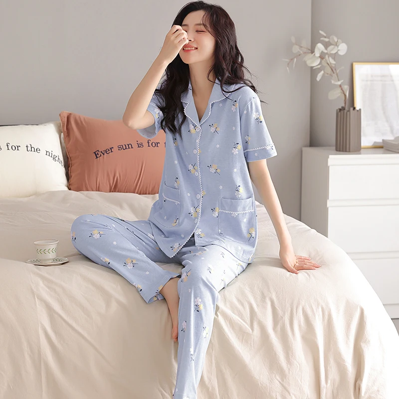 

Elegant Flower Women's Pajama Set Summer Lapel Printed Modal Cotton Sweet Pajamas For Ladies Big Yards Cardigan Casual Tracksuit