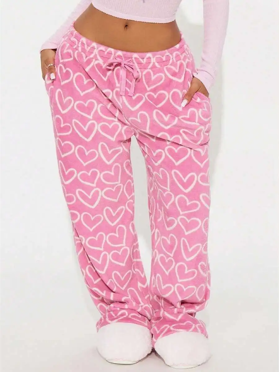 Women Y2k Heart Print Fuzzy Wide Leg Drawstring Waist Lounge Sleep Pants
