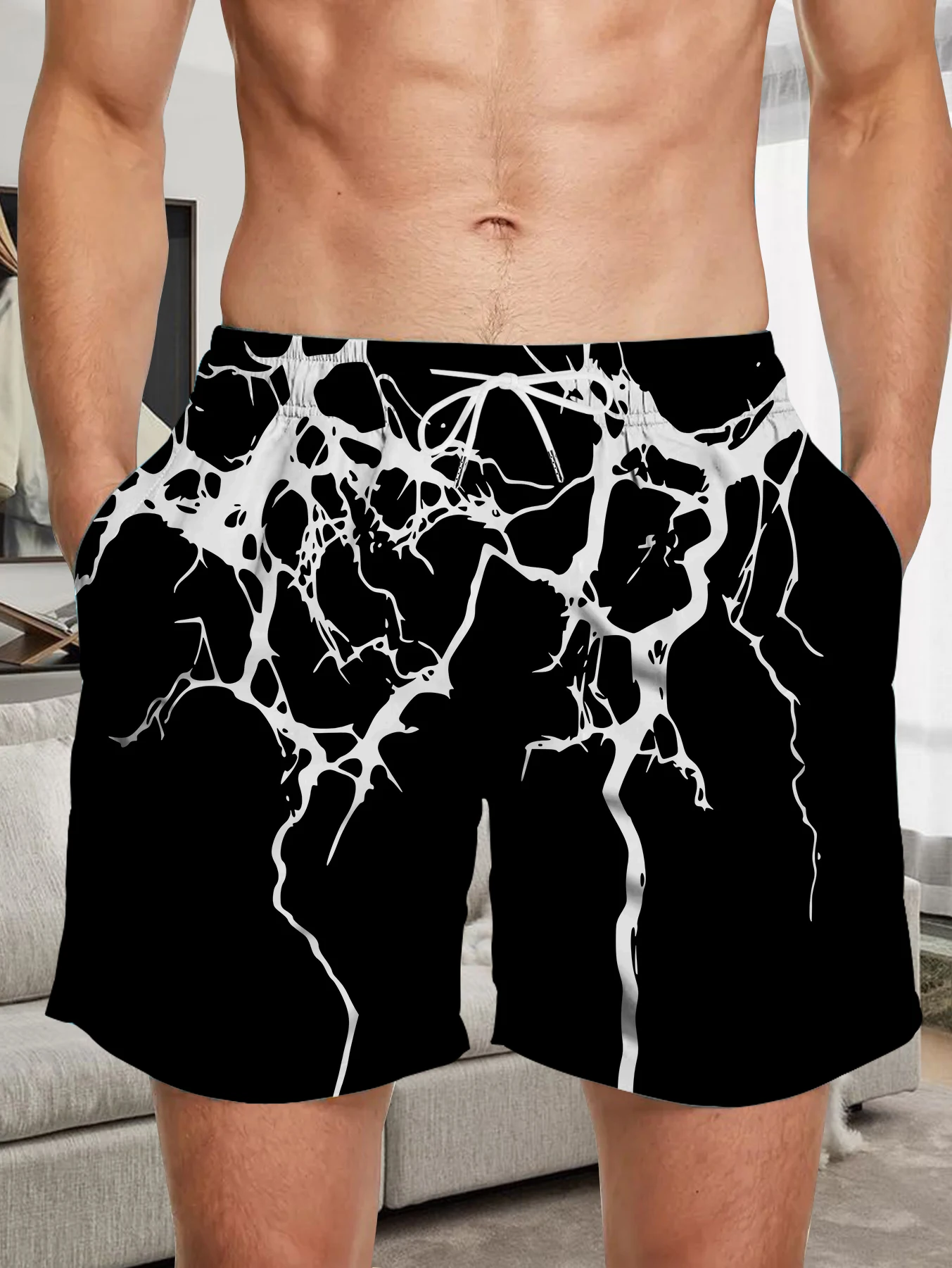 

Elastic Waist Men Beach Shorts Full Digital Print Polyester Quick Dry Swimwear