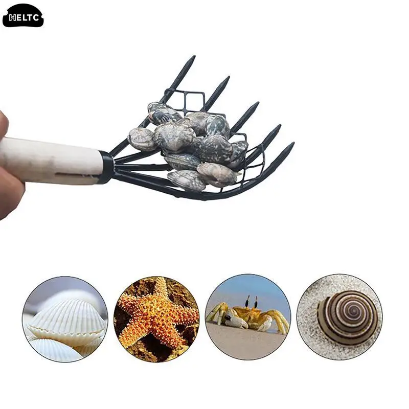 Clam Rake With Net 5 Claw Wood Handle Rake Shell Digging Tool Dig Seafood Toos Weeding Farming Tool Wood Handle Pitchfork New