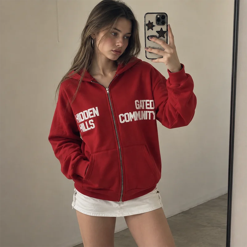 Damen-Kapuzenpullover mit Reißverschluss, Buchstabenmuster, lange Ärmel, Oversize-Sweatshirt, lässige Y2K-Streetwear-Jacke, schwarzes und rotes Kapuzentop für Damen. – Detail 2
