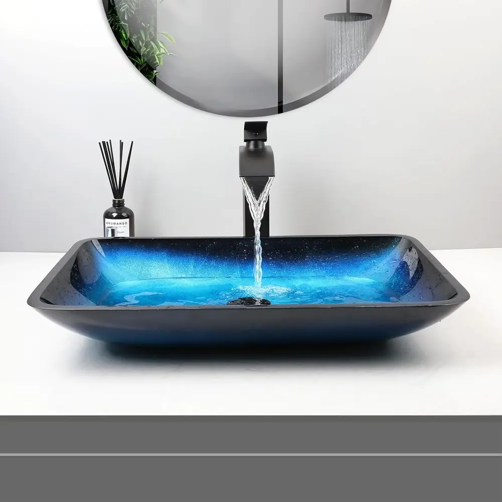 

22 Blue Glass Vessel Sink, Rectangular Above-Counter Basin with Waterfall Faucet & Pop-Up Drain