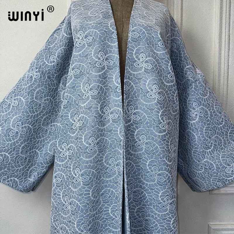 WINYI Lace composite denim cardigan Women long down coat Loose Dress elegant Party maxi Holiday Swimming Cover Up fashion Kimono