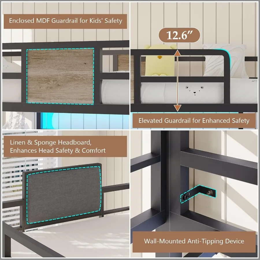 سرير علوي مع مكتب سرير علوي مزدوج الحجم مع أضواء LED ومحطة شحن سرير بطابقين مع منظم تخزين سلم قابل للإزالة #6