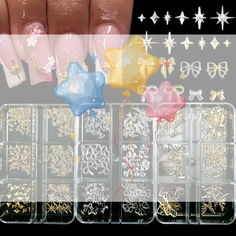 6 rejillas 3D Metal estrellas Bowknot mariposa Nail Art Charms oro/plata Starlight remaches decoraciones para uñas accesorios de lentejuelas para manicura