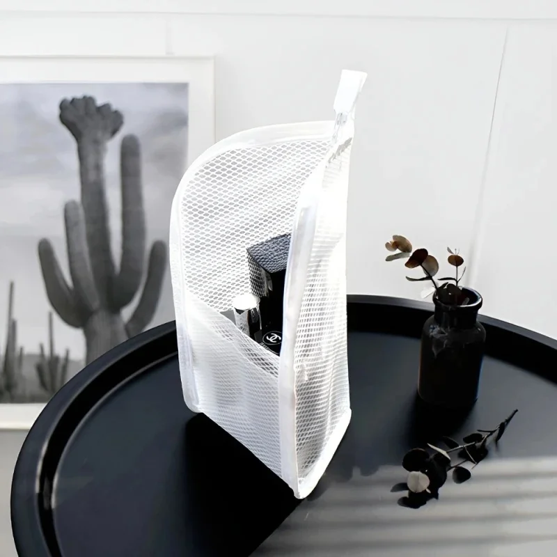Portable Mesh Standing Toiletry Bag, Lightweight Foldable Clear Hanging Travel Organiser for Toothbrush & Travel
