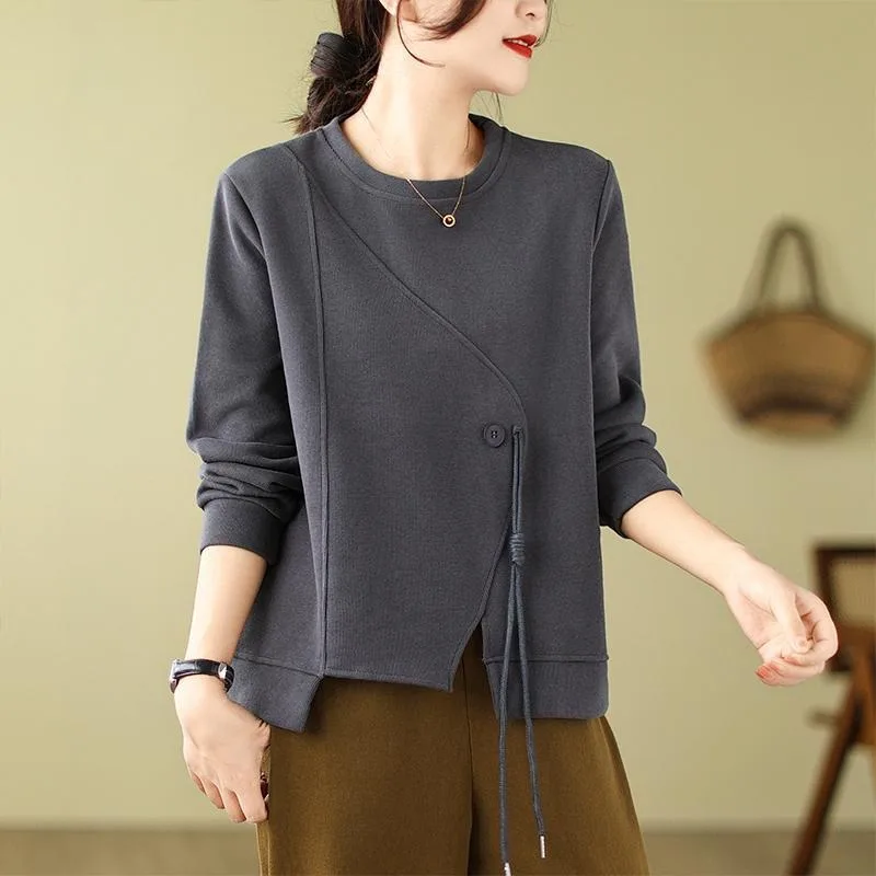 

Women's Spring and Autumn Round Neck Sweatshirt Loose Slim Solid Color Casual Splicing Top