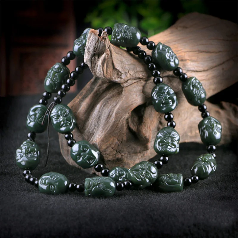 green necklace, Hetian Luo Han chain, men's and women's jade crafts with retractable hanging cord