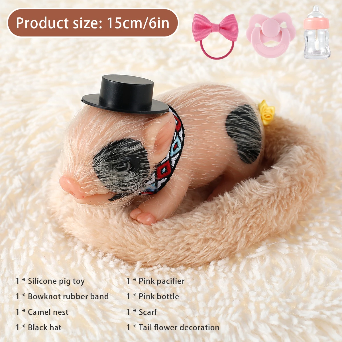 Silicone Pig Doll Toy Mini Soft Lifelike Silicone Pig Doll Cute Miniature Reborn Silicone Pig with Accessory Kids Christmas Gift