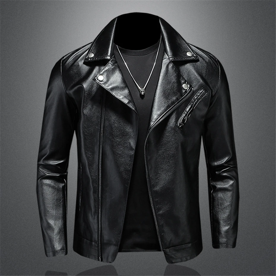 

Black PU Jacket Men Motorcycle Biker Jacket Fashion Casual Turndown Collar Jacket Male PU Leather Coat Black