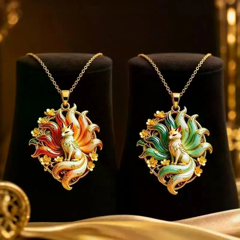 Style Nine-tailed Fox Enamel Pendant Necklace Creative Mythology Design Fashion Jewelry For Women Thanksgiving Gift Chinese