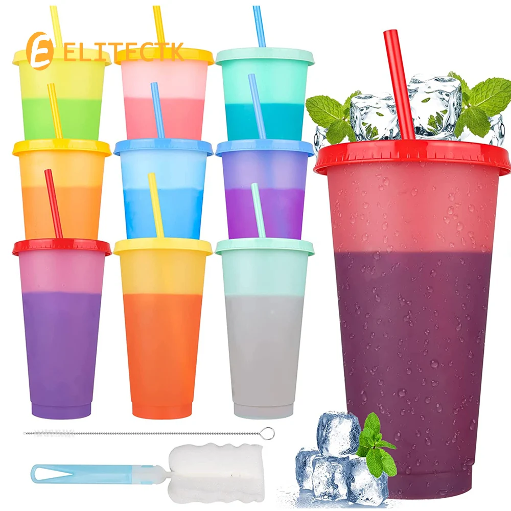 10 Pack Color Changing Cups with Lids and Straws, 24 oz Plastic Cups Kids Tumbler, Reusable Cups for Iced Coffee Drinking Summer