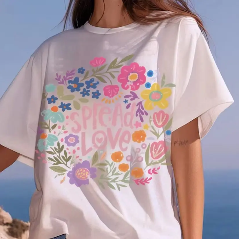 

Customized Printed Casual Y2K Short Sleeve Round Neck Fitted C Women Fashion Custom Female clothing T-shirt Flowers Spread Love