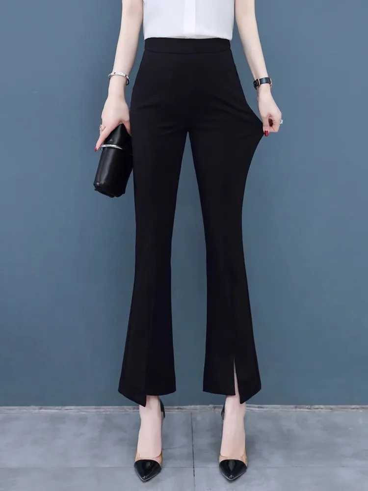 

Black High Waist Wide Leg Pants Women's Summer Thin Casual Nine Points Suit Pants Korean Style Commute Wind Pocket Details