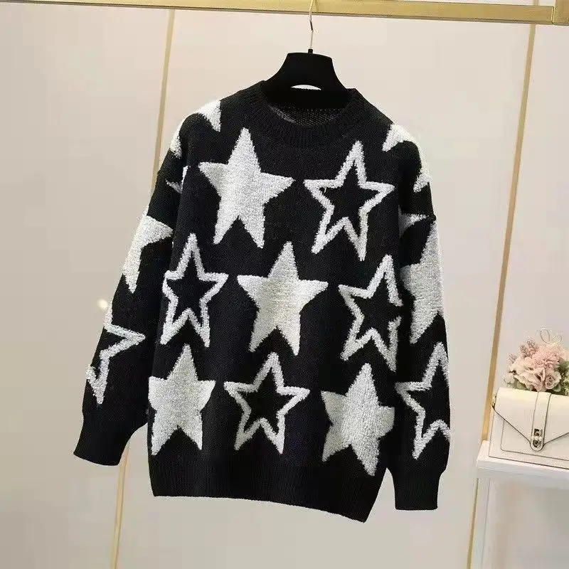 Korean Fashion Star Graphic Oversized Streetwear Harajuku Knitted Sweaters for Women Casual O Neck Long Sleeve Pullovers Jumpers