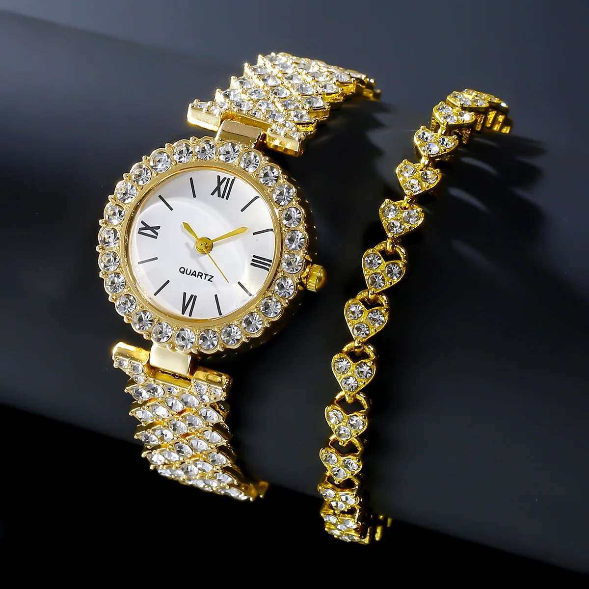 Nuevo reloj de mujer con diamantes, elegante reloj de cuarzo, esfera de diamantes popular, pulsera llena de diamantes, pulsera de corazón, pulsera de reloj de mujer, juego de 2 piezas