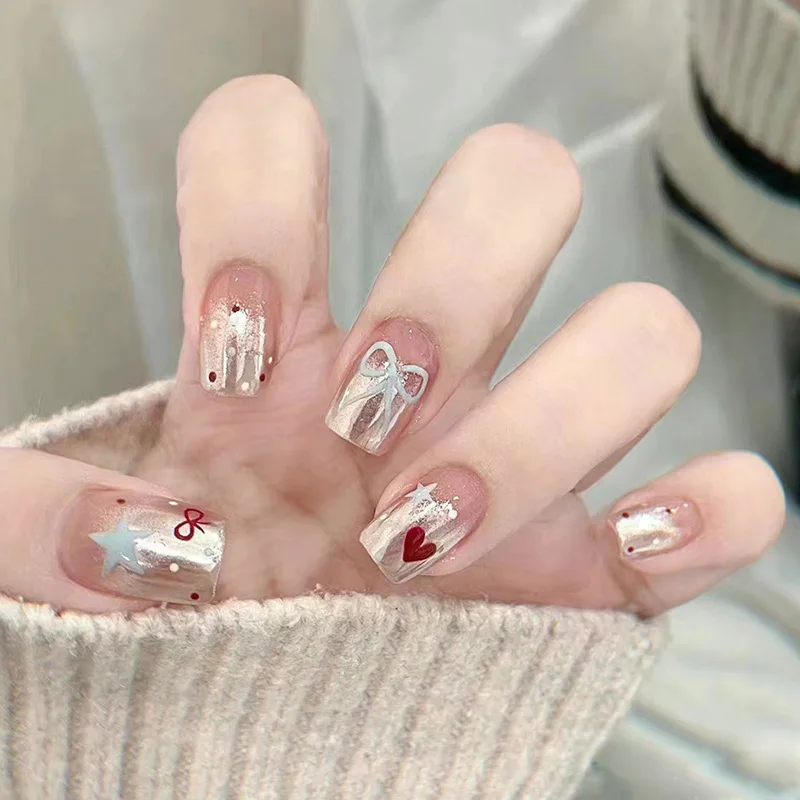 24pcs Cute Full Cover Nail Wearable Love Bow Design Square Press on False Nails Tips Glitter Polka Dot Short Ballet Fake Nails