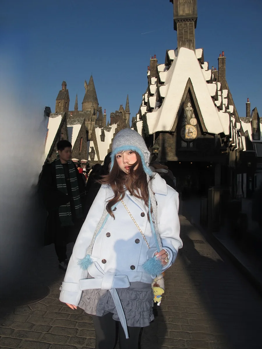 

Briti Sle Woolen Coat Women's ort Cotton Lined Flip Collar Autumn Winter Double Buttoned Faion Outerwear