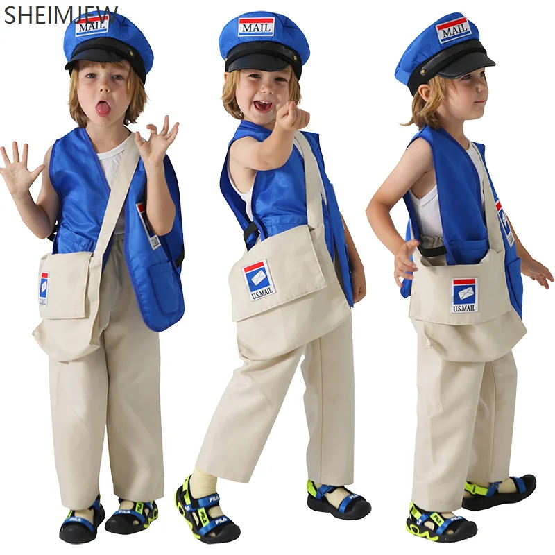 

Letter carrier Mailman Costume Blue Hat Vest Sling Bag Halloween Cosplay Career Dress Up Party Costume Child Boy Girl Suit 2025