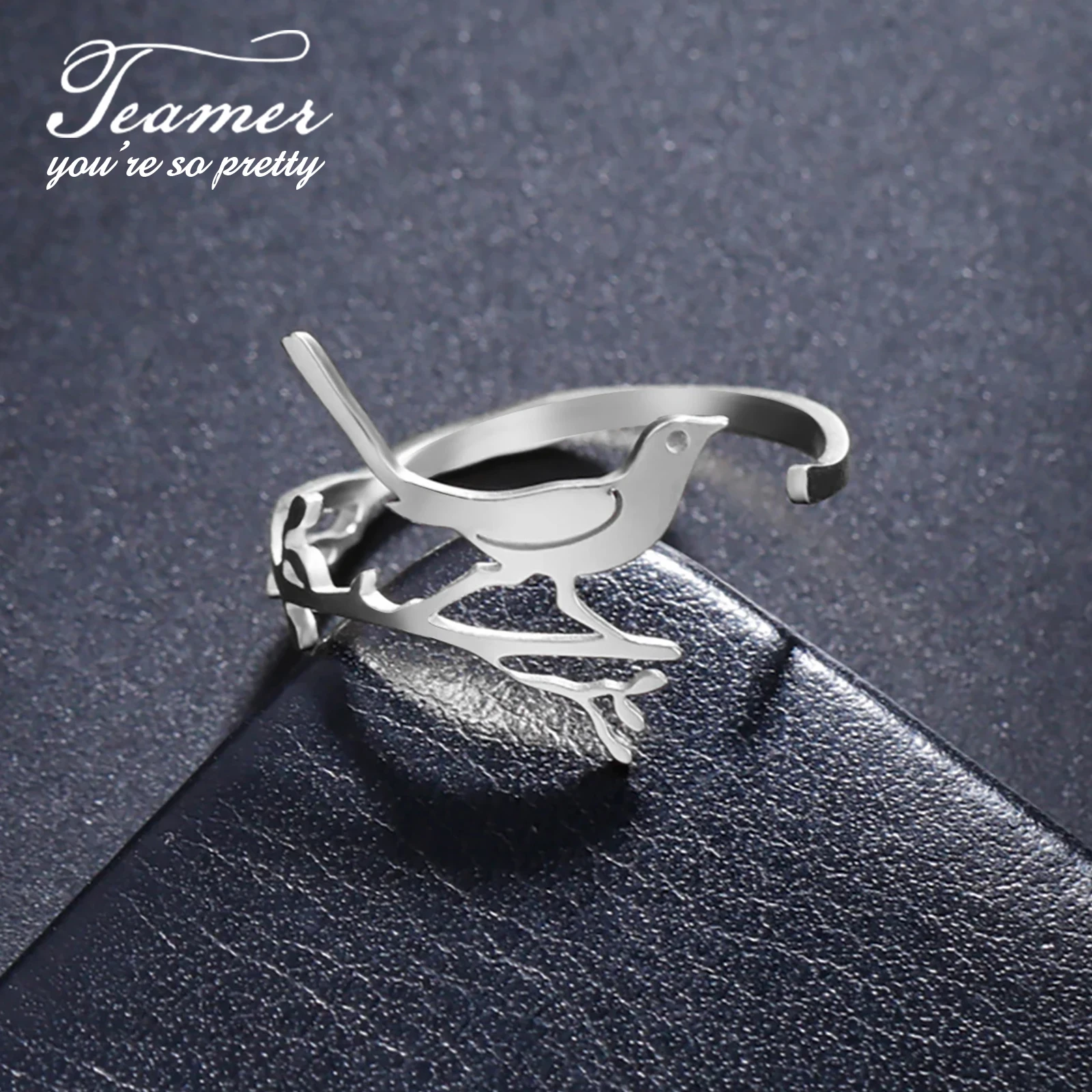 Teamer Cute Bird Stainless Steel Rings for Women Girls Open Adjustable Bird on the Branch Finger Ring Fashion Wedding Jewelry