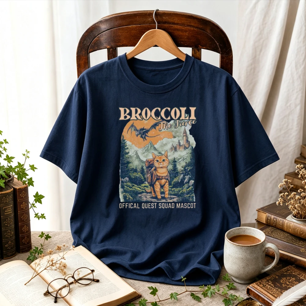 Broccoli Official Quest Squad Mascot Adventure Cat Vintage T-Shirt Mountain Castle Dragon Graphic Book Fandom Fantasy Cat Tops