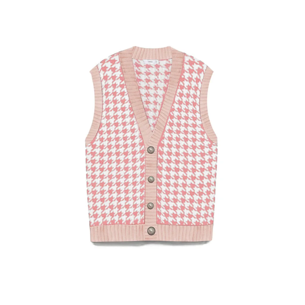 

2024 Autumn And Winter New Plaid Sweater Pullovers Vest Women's V-Neck Single Breasted Knitted Jacket
