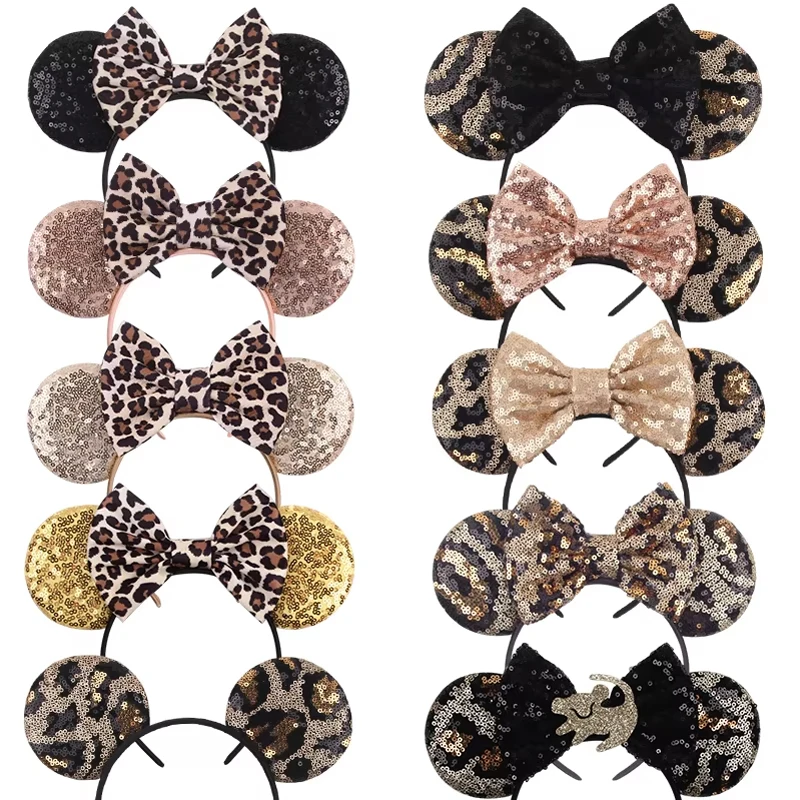 Cute Women Mouse Ears Leopard Print Headbands for Girls Baby Women Sequins 5"Bows Hair Accessories Adults Hairbands Kids Gift