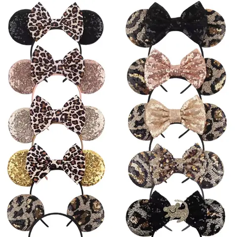 Cute Women Mouse Ears Leopard Print Headbands for Girls Baby Women Sequins 5"Bows Hair Accessories Adults Hairbands Kids Gift
