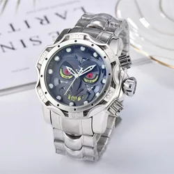 Fashion Hip-hop Comics Joker Clown Face Large Dial Watch Auto-date Mens Steel Strap Quartz Wristwatch