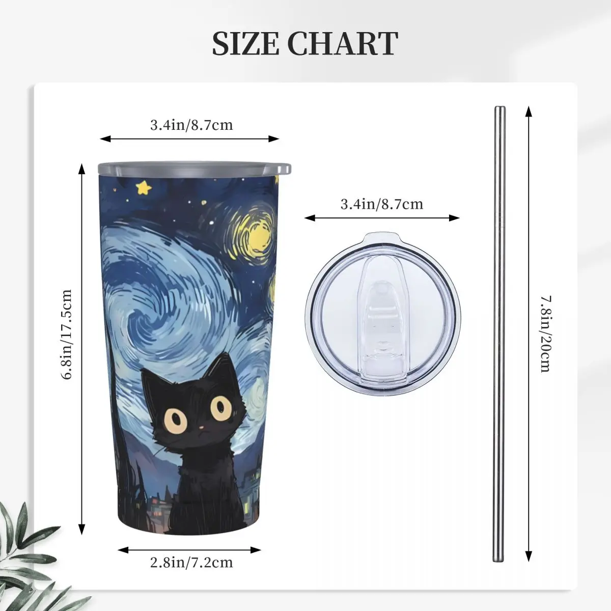 Stainless Steel Tumbler Van Gogh Oil Painting Thermal Mug Black Cat Portable Cold Drink Mugs Cup Driving Printed Water Bottle