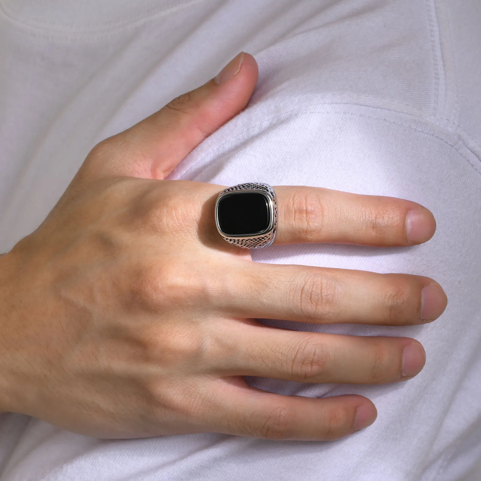 Men's Stainless Steel Rock Punk Onyx Stone Rings, Stylish Solid Metal Signet Ring, Classic Cool Fashion Jewelry Gifts To Father