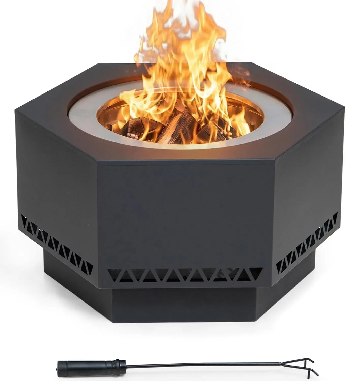 28 Inch Extra Tall Hexagonal Smokeless Fire Pit with Removable Ash Pan, Portable Wood Burning Outdoor Fireplace with PVC Weather