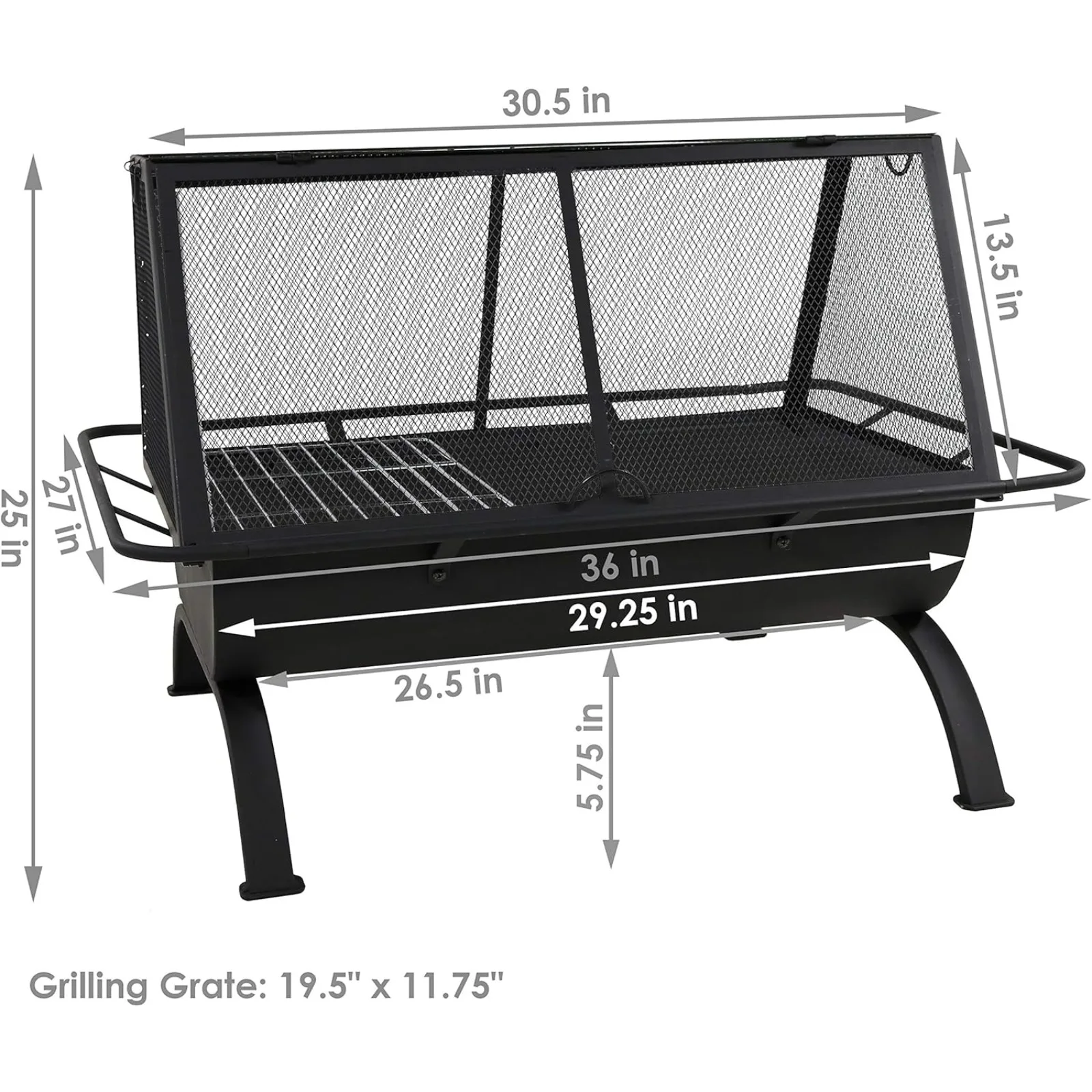 US 36-Inch Northland Outdoor Rectangular Fire Pit with Cooking Grill, Poker, and Spark Screen - Black Finish