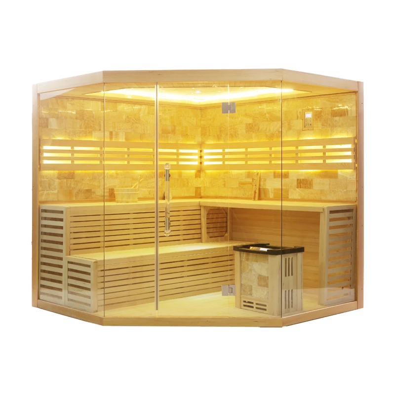 Modern indoor wooden dry sauna room, with computer control panel and horizontal window, suitable for 4-6 people.