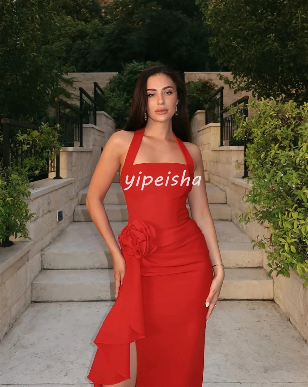 Maßgeschneiderte passende sexy Jersey-Kleider mit handgefertigten Blumenfalten, geraden Neckholder, lange Kleider, maßgeschneiderte Kleider für besondere Anlässe, Größen erhältlich