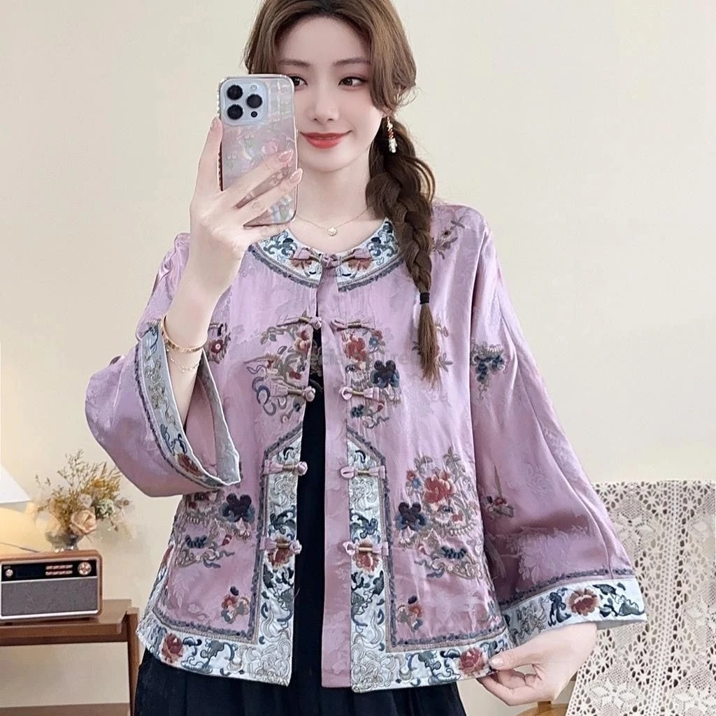 Chinese style Shirt Embroidered Tang suit coat women Retro Loose Cotton Linen Ethnic Style casual daily traditional hanfu coat