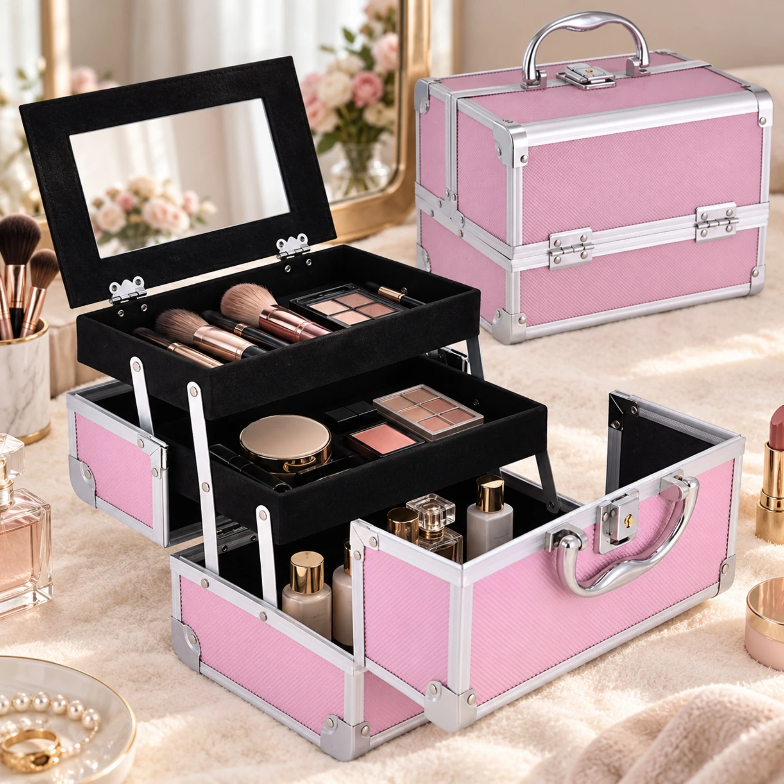 Hard Shell Makeup Case with Lock Lockable Hard-Shell Makeup Case with Mirror Cosmetic Box Portable for Beauty Students, Travel