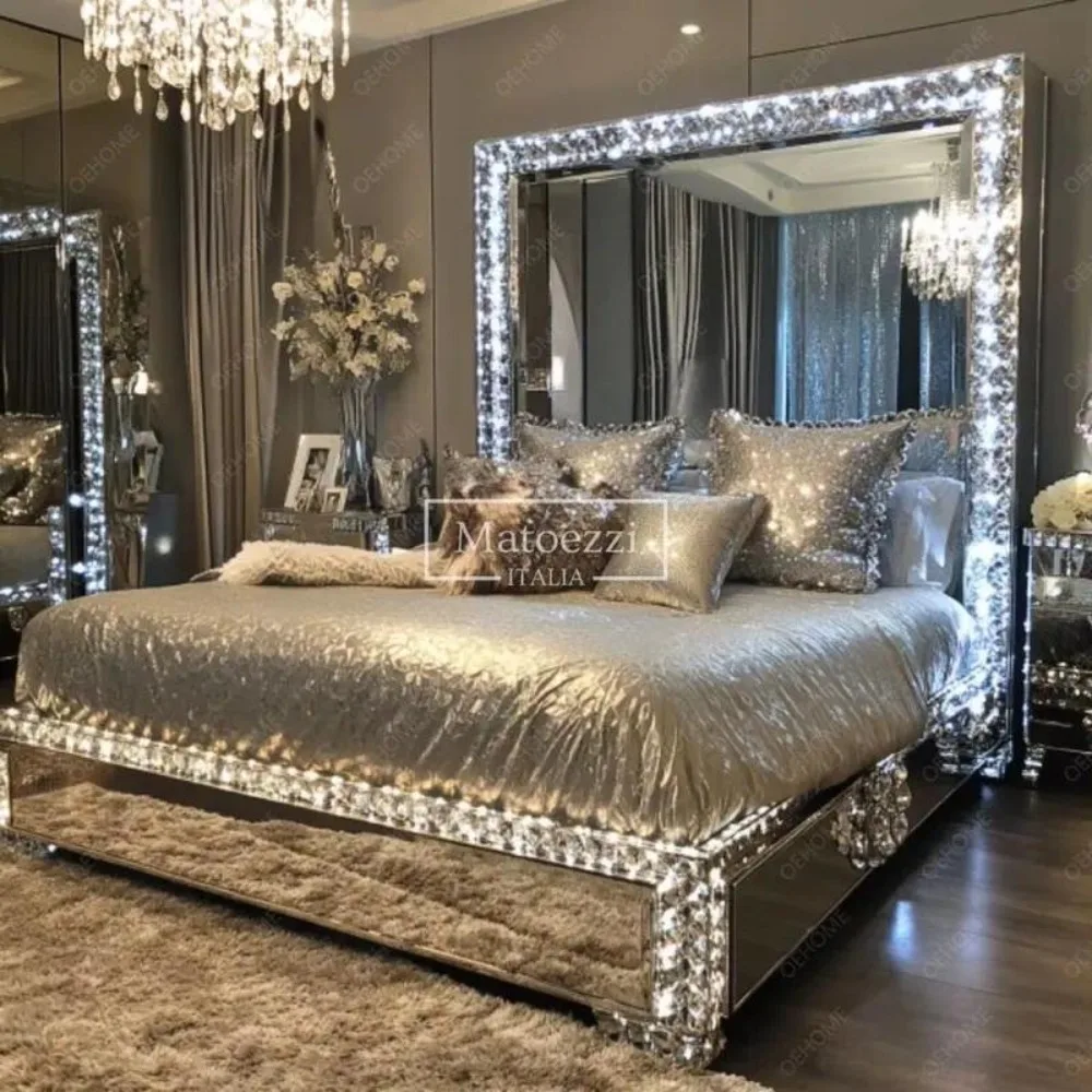 Modern Solid Wood Queen Bed Diamond Mirror Headboard Storage Bedroom Furniture Set Custom Luxury Villa Apartment Decor