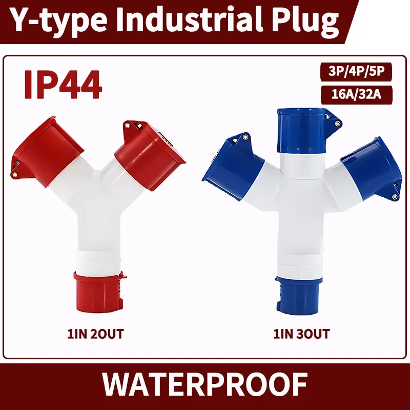 Industrial Plug Y-Type Multi-Function Socket: Waterproof Three-Way 220V 380V Branch Connector for 16A 32A Wiring with 3P 4P 5P