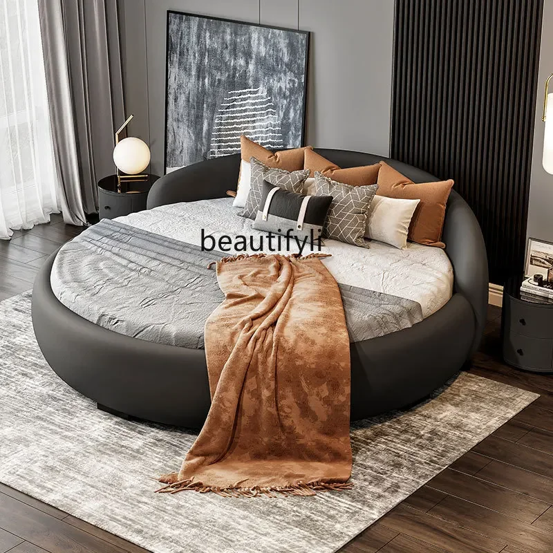 Large round Bed Modern Minimalist Master Bedroom Marriage Bed Hotel Famous Leather round Bed Double