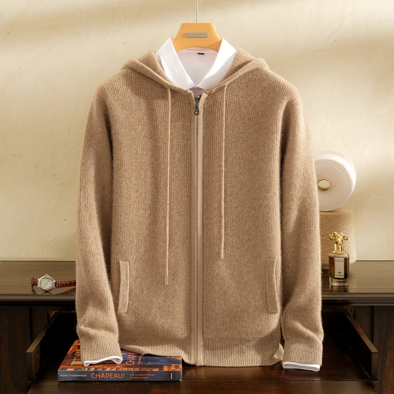 Men's 100% Pure Goat Cashmere Cardigan Sweater Zipper Hooded Knitted Casual Thick Warm Autumn Winter Clothing Soft Comfortabie