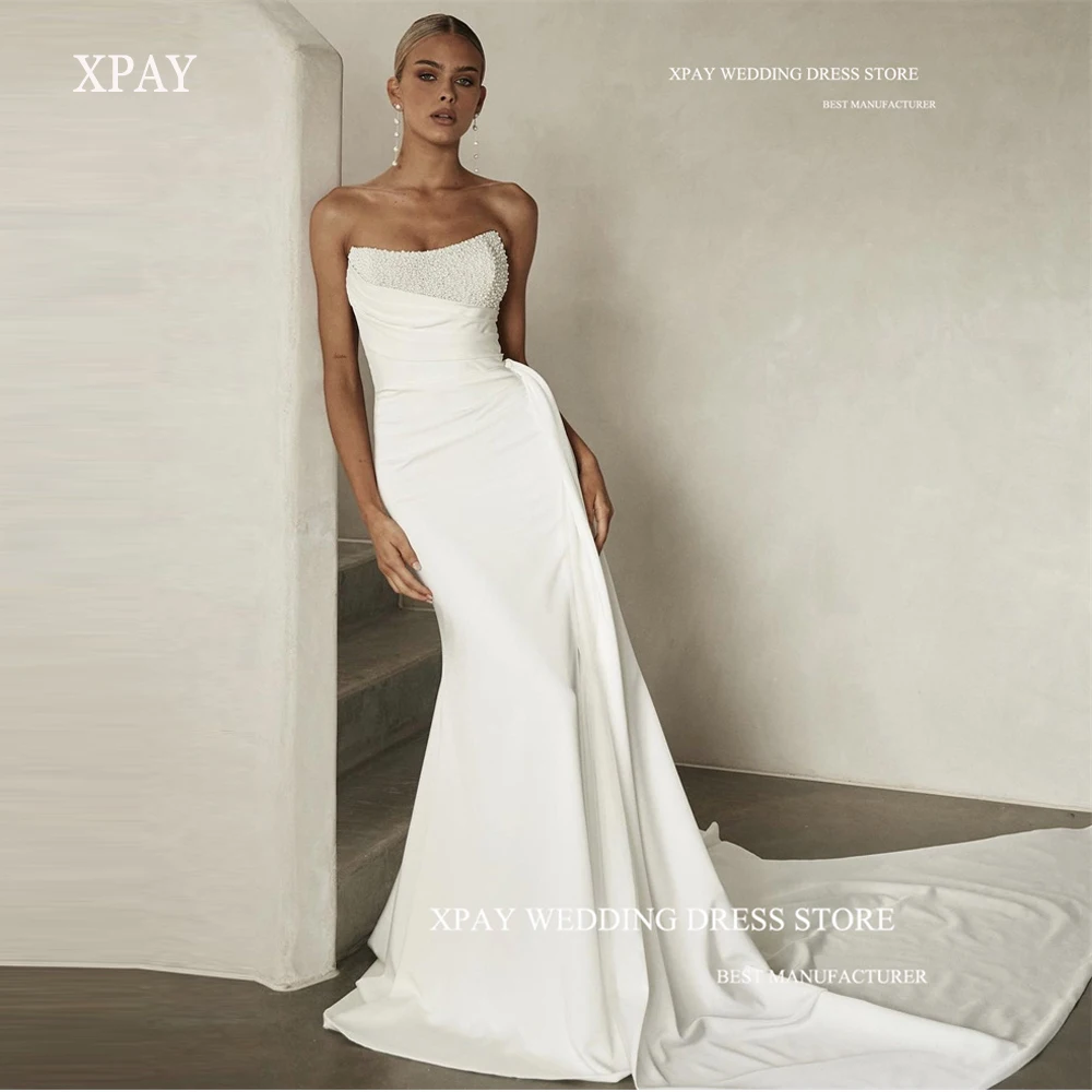 

XPAY Sexy Strapless Mermaid Wedding Dresss Stretch Satin Pearls Sweep Train Elegant Bridal Gowns 2023 Vestido de noiva