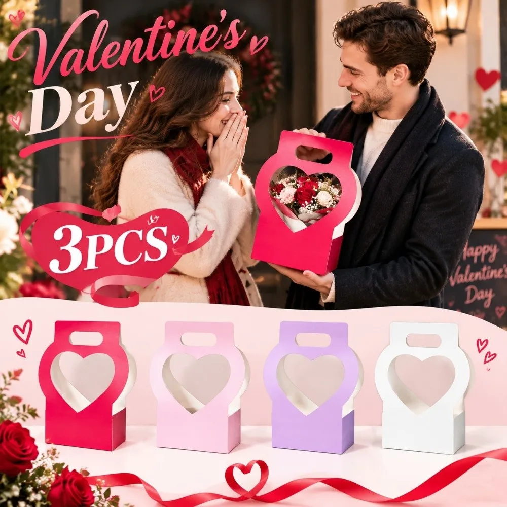 3PCS Heart-Cutout Flower Gift Box Romantic Portable Paper Flower Box Foldable With Handle Floral Wrap Box Floral Arrangements
