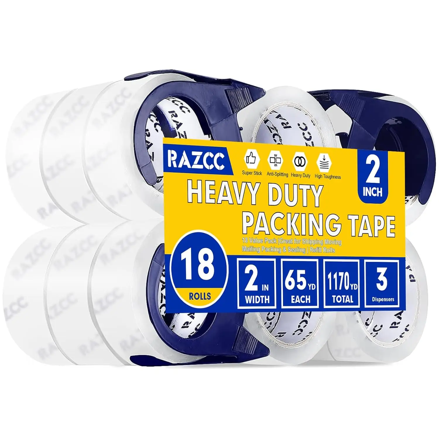 

Clear Packing Tape, 18 Rolls Heavy Duty Packaging Tape with Dispensers for Packing Shipping Moving and Sealing, Thicker