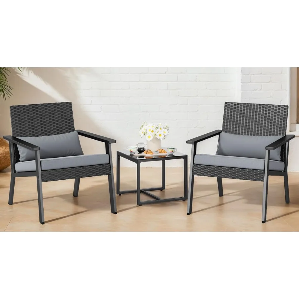 3 Pieces Patio Furniture Set Outdoor Furniture, Patio Chairs Wicker Bistro Set with Glass Table, Outdoor Chairs for Balcony