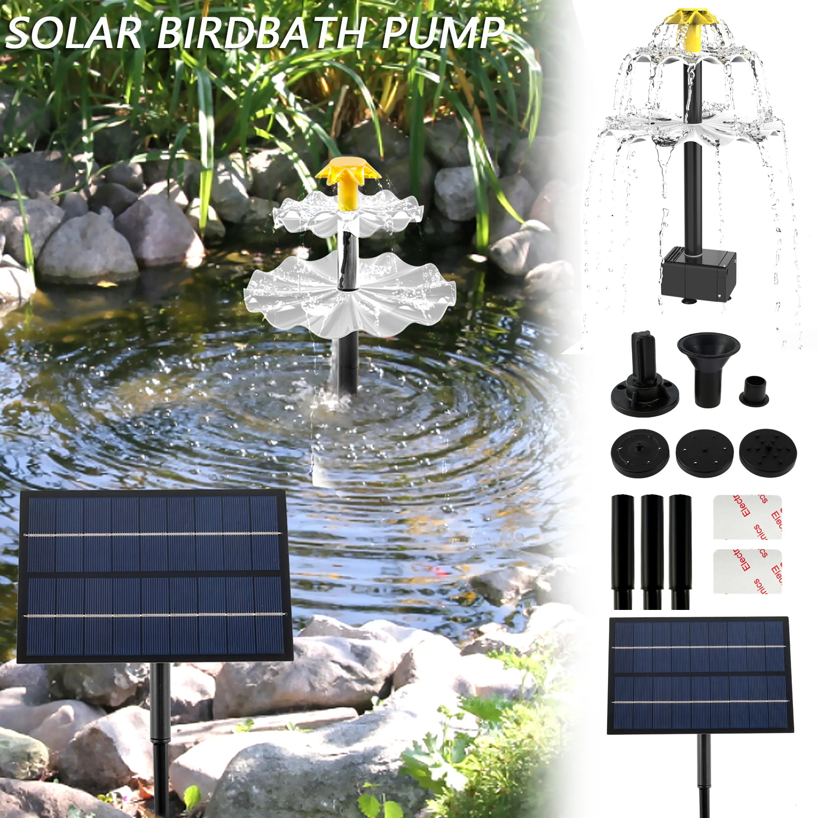 Solar Bird Bath Fountain 3-Tier Decorative Solar Fountain Pump Kit with 6 Nozzles Eco-Friendly Solar Water Fountain Pump